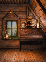 Drewniane poddasze ze starym pianinem