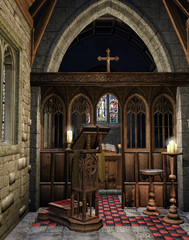 Drewniane wnętrze średniowiecznego kościoła - obrazy, fototapety, plakaty