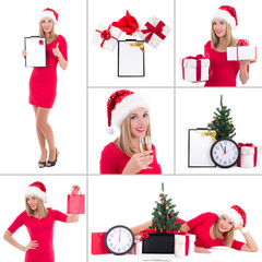 christmas collage. young beautiful woman with gift boxes, clock