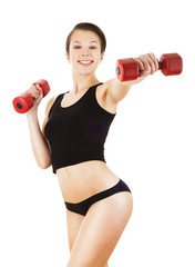 sporty woman is exercising with dumbbells