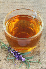 Tea and lavender on jute surface