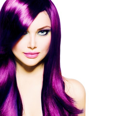 Beautiful Girl with Healthy Long Purple Hair and Blue Eyes