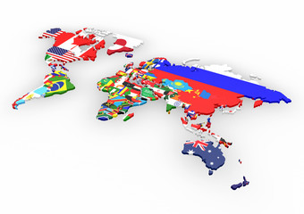 Planisfero mondo 3d con bandiere in rilievo