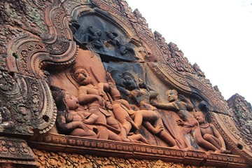 Carved stone relief near Angkor Wat, Siem Reap, Cambodia