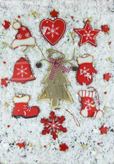 Shabby chic rustic Christmas decorations on snow