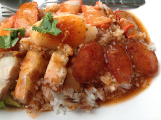 fried pork and sausage with rice