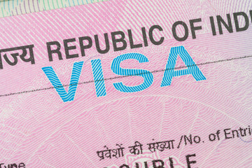 India visa in a passport macro