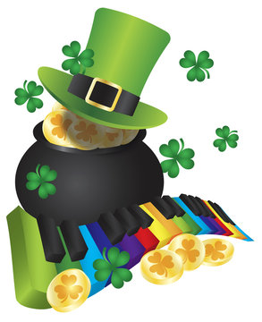 Leprechaun Hat with Piano Keys and Pot of Gold Vector
