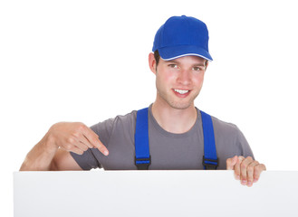 Male Worker Holding Blank Placard