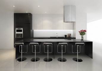 Contemporary minimal black and white kitchen with stools