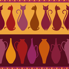 Ethnic seamless pattern with cats and vases