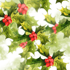 Christmas Holly Watercolor seamless background