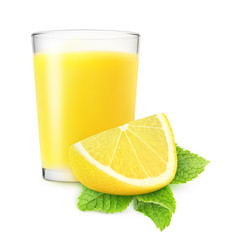 Isolated juice. Piece of lemon fruit and glass of lemonade isolated on white background