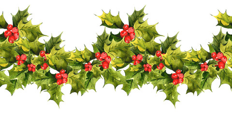 Christmas Holly Watercolor seamless background