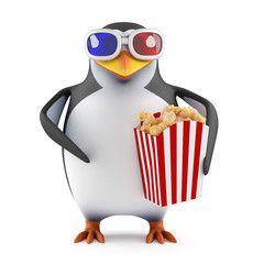 Popcorn eating penguin in 3d glasses