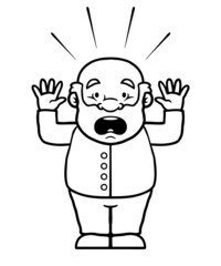 Black and white old man being shocked with his hands up.