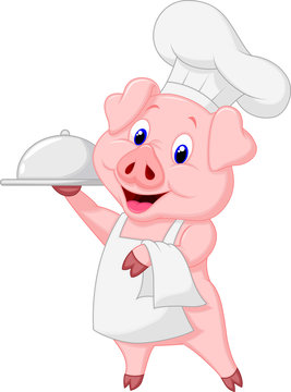 Cute Pig Chef Cartoon Holding Platter