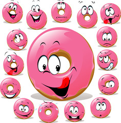 Donut cartoon with many facial expression isolated
