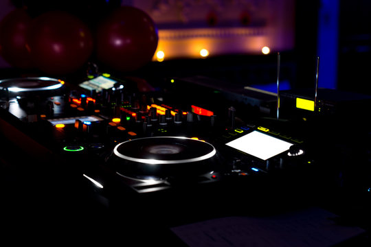 Music deck and turntables at a discotheque