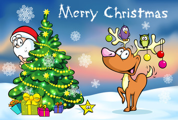 Merry Christmas greeting card, santa claus hidden behind e tree