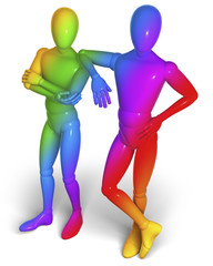 Zwei regenbogenfarbige Figuren, Freunde