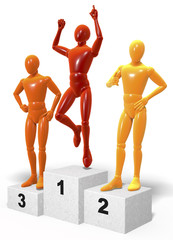 Drei Figuren, Menschen auf Siegertreppe, farbig