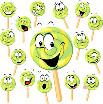 Lollipop Cartoon With Many Expressions Isolated On White