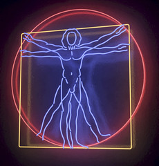 Leonardo Da Vinci Vetruvianischer Mann, Neon rot, blau, gelb