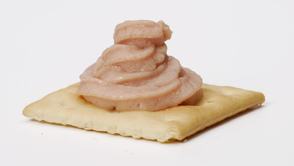 Bizcocho con crema de salmón,galleta de soda con salmón.