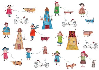 decorative elements, people walking with dogs