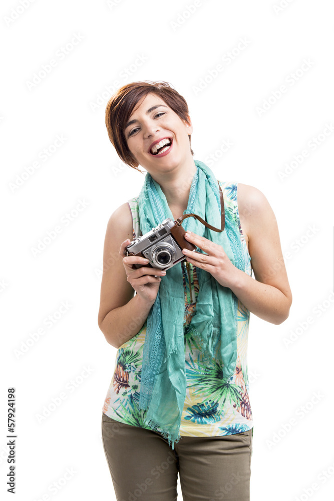 Wall mural Woman with a vintage camera