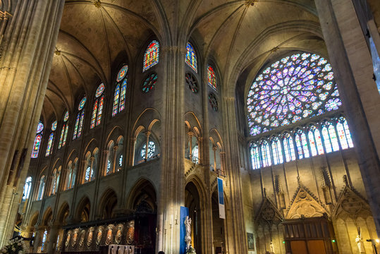 Interior of Notre Dame de Paris, France. Inside luxury cathedral.