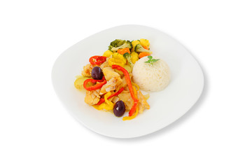 Cod a Portuguese style, rice and steamed vegetables