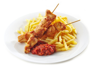 grilled chicken meat and french fries