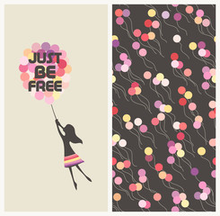 Little girl flying away on balloons and motivational text