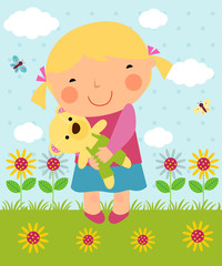 Cartoon little girl and teddy
