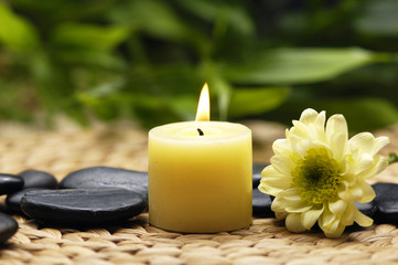 candle with daisies flower with green plant on wicker mat