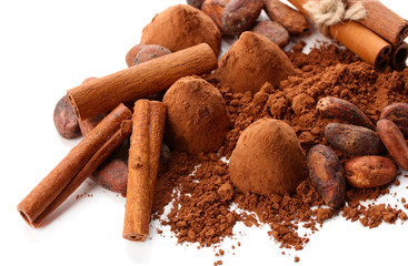 Chocolate truffles, cocoa and spices isolated on white