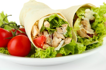 Kebab - grilled meat and vegetables, on plate, isolated on