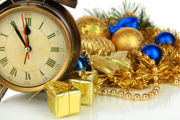 Fototapeta na wymiar Composition of clock and christmas decorations close-up