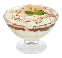 Delicious dessert with banana and caramel isolated on white