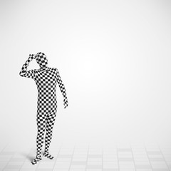 Funny guy in morphsuit body suit looking at copy space