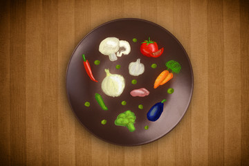 Colorful plate with hand drawn icons, symbols, vegetables and fr