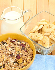 Delicious and healthy cereal in bowl with milk