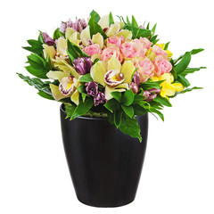 Floral bouquet of roses, lilies and orchids arrangement centerpi