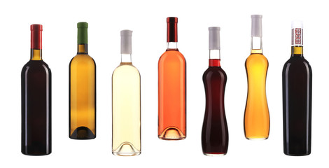 Set of seven bottles with wine