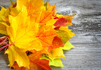Autumn leaves over old wooden background. With copy space
