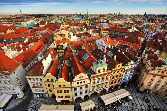 Houses with traditional red roofs in Prague. Old Town Square in the Czech Republic. Red roofs in Prague. Prague Czech Republic. Landmarks of the Prague.
