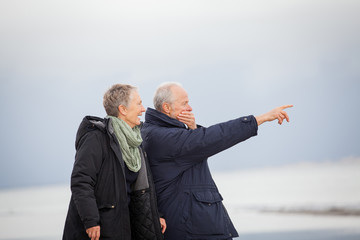 älteres glückliches paar macht einen strand spaziergang