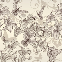 Beautiful vector seamless wallpaper with lily in vintage style